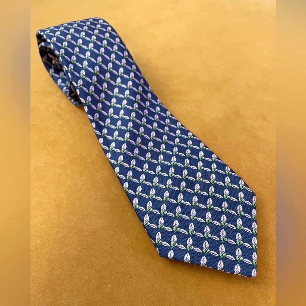 Thomas PINK Blue Silk Neck Tie Purple Leaves